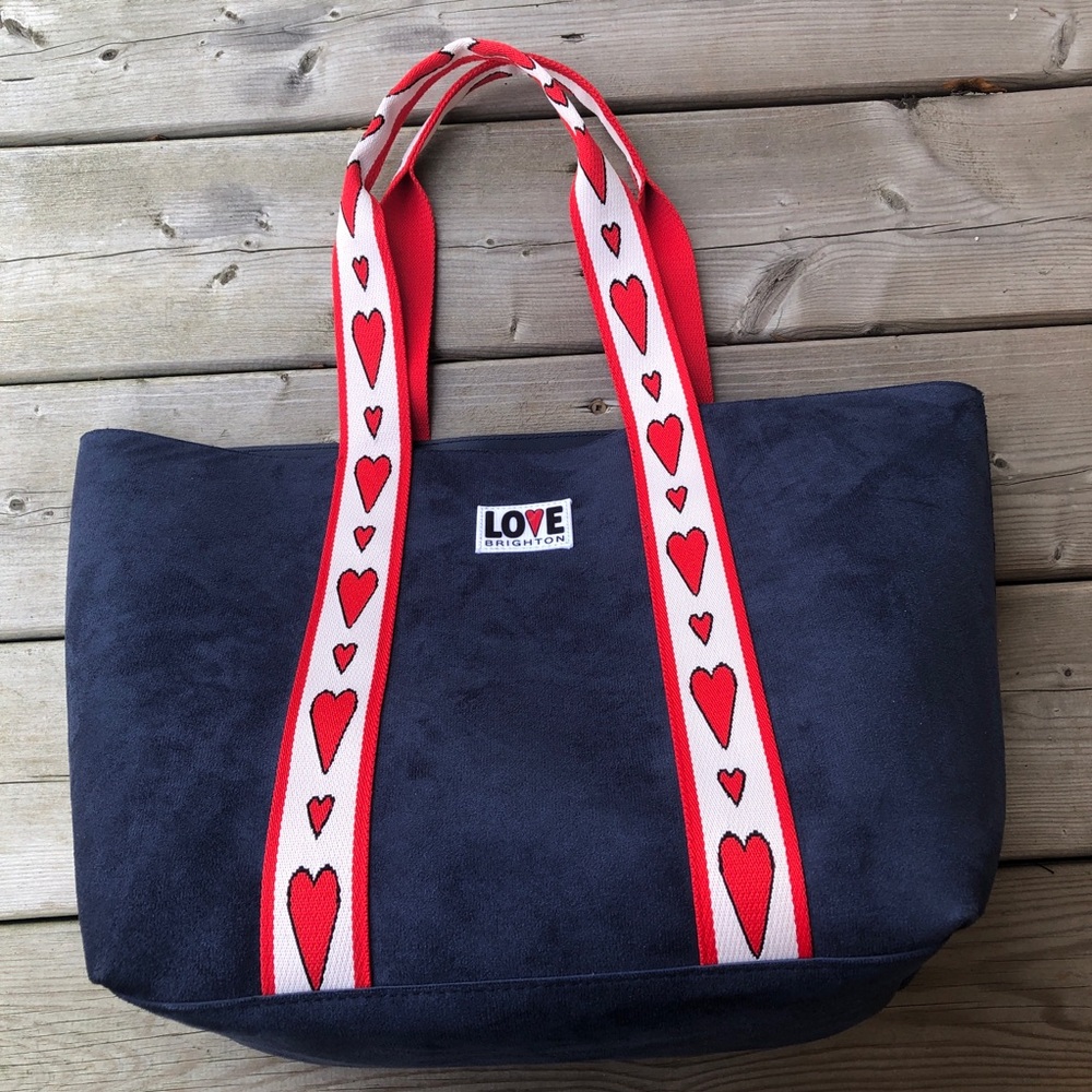 Brighton Velveteen Faux Suede Navy Blue Red Love Heart Strap Tote Shoulder Bag